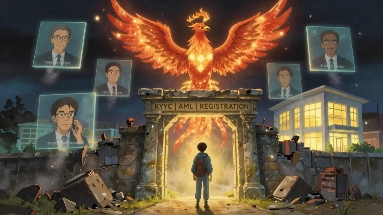 A traveler faces a glowing gate of compliance as faded executives dissolve into dust, with a phoenix rising.