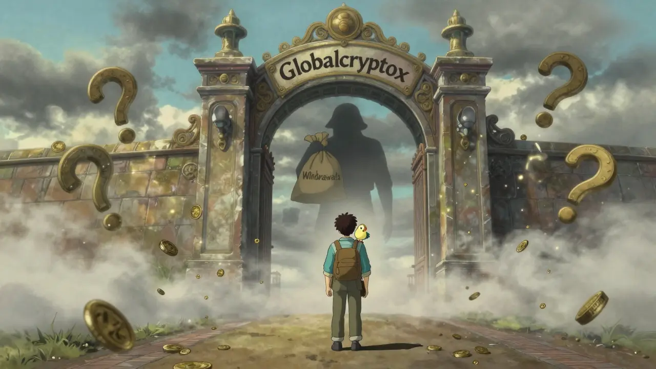 A traveler faces a mysterious gate labeled Globalcryptox, surrounded by fading paths and vanishing coins.