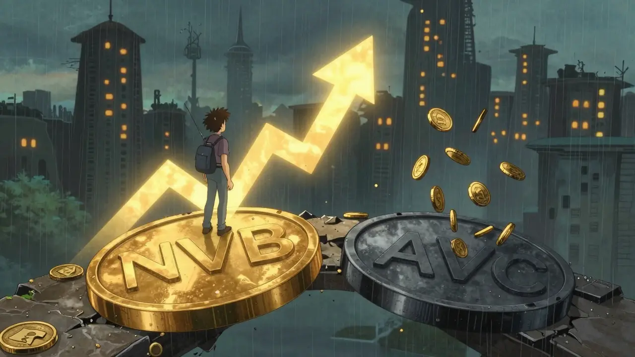 A traveler on a crumbling bridge of NVB and AVC tokens, rain falling as prices fade into shadow.