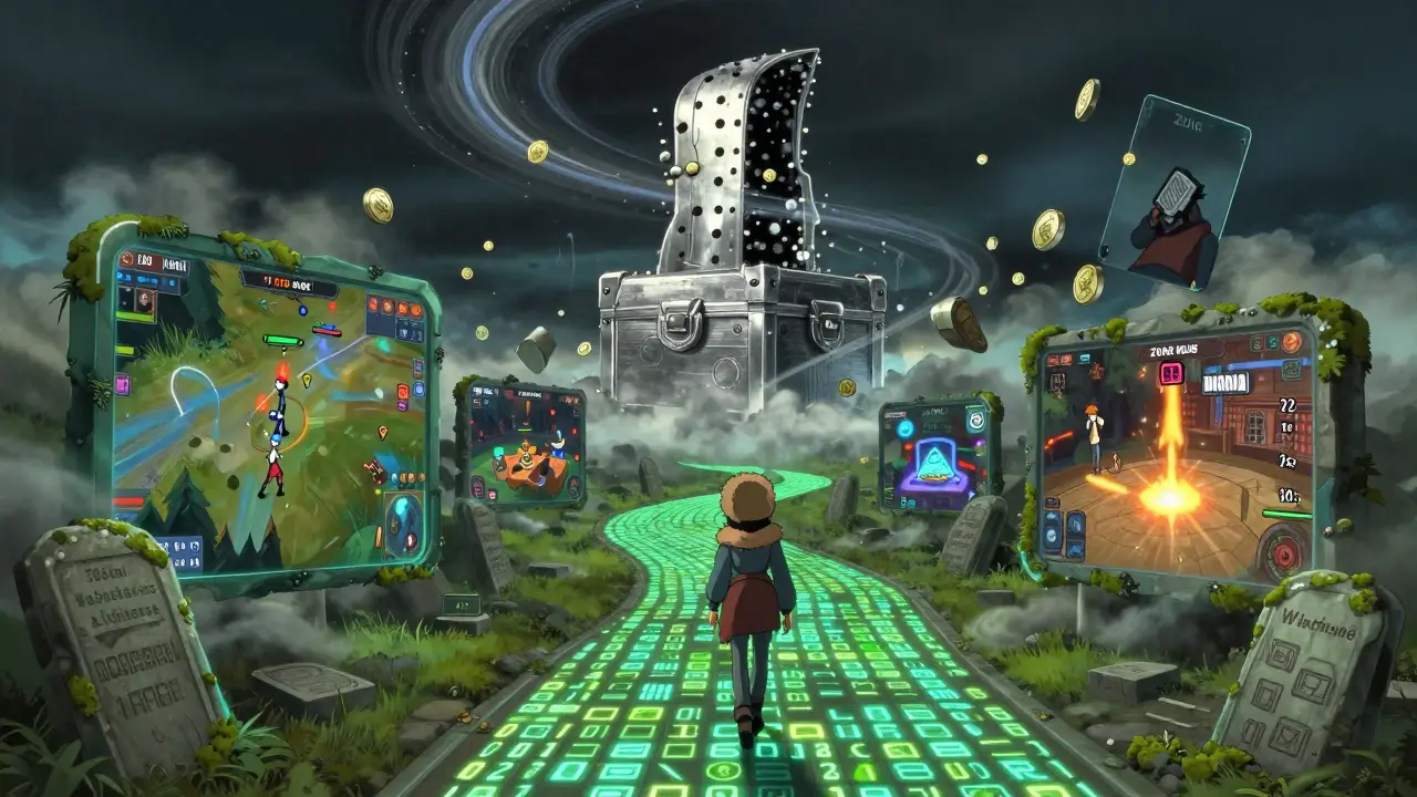 A traveler walks along a glowing blockchain path as a silver chest dissolves into ZUKI tokens and NFTs.