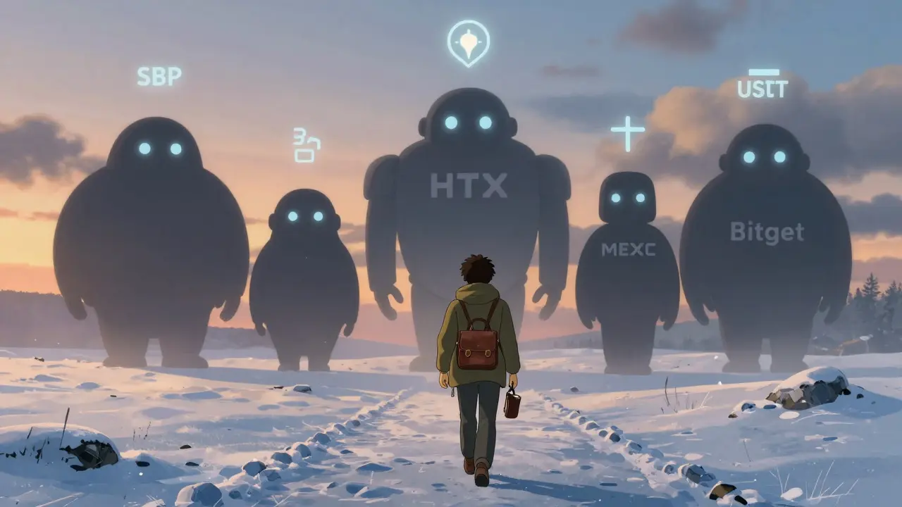 A traveler walks at dawn with a hardware wallet, guarded by silent robot platforms representing top P2P crypto exchanges.