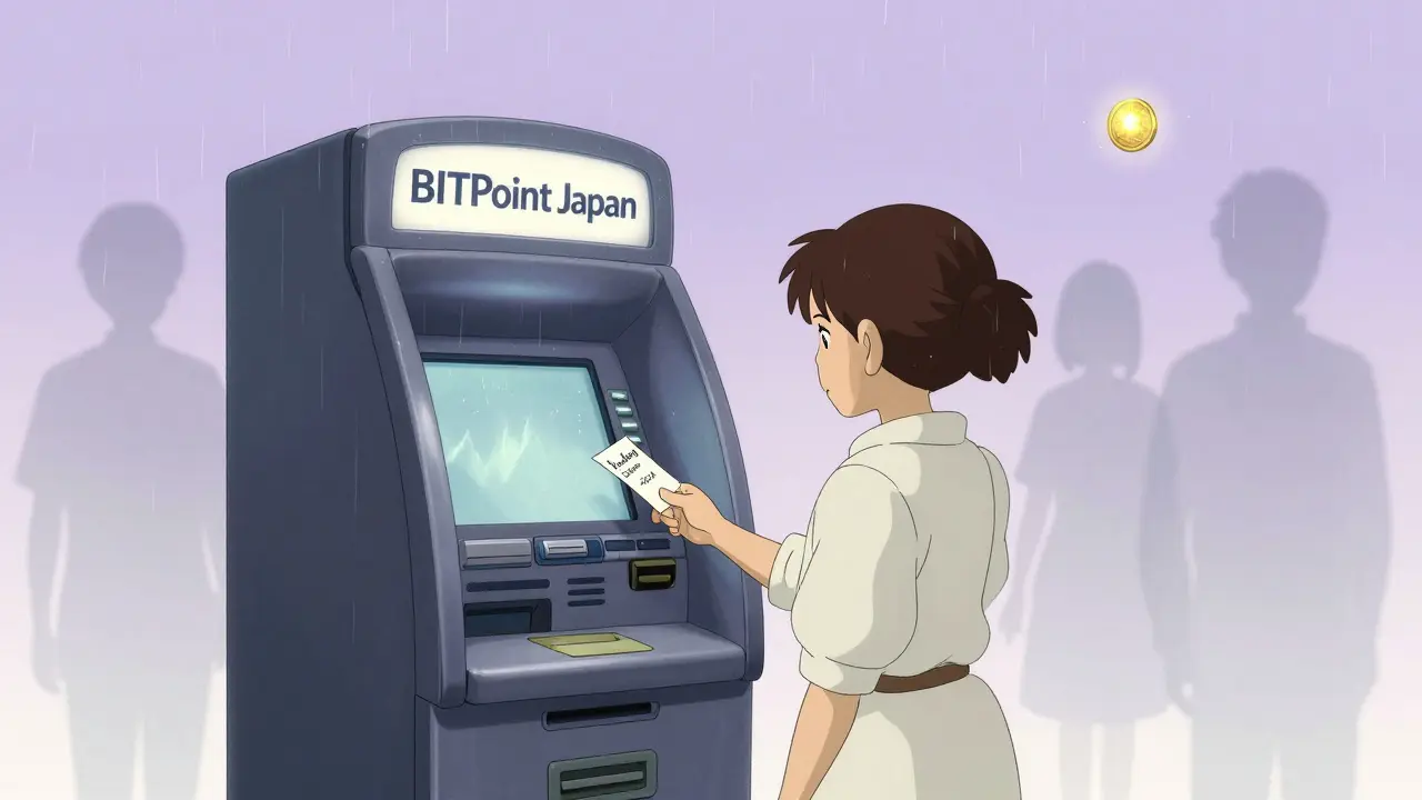 A user facing a silent crypto kiosk with a pending withdrawal slip, ghostly figures fading in mist.