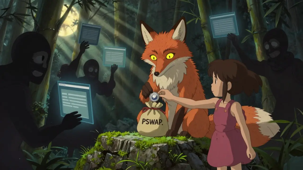 A wise fox holds an empty PSWAP pouch while shadowy scammers reach from the trees, under moonlit bamboo.