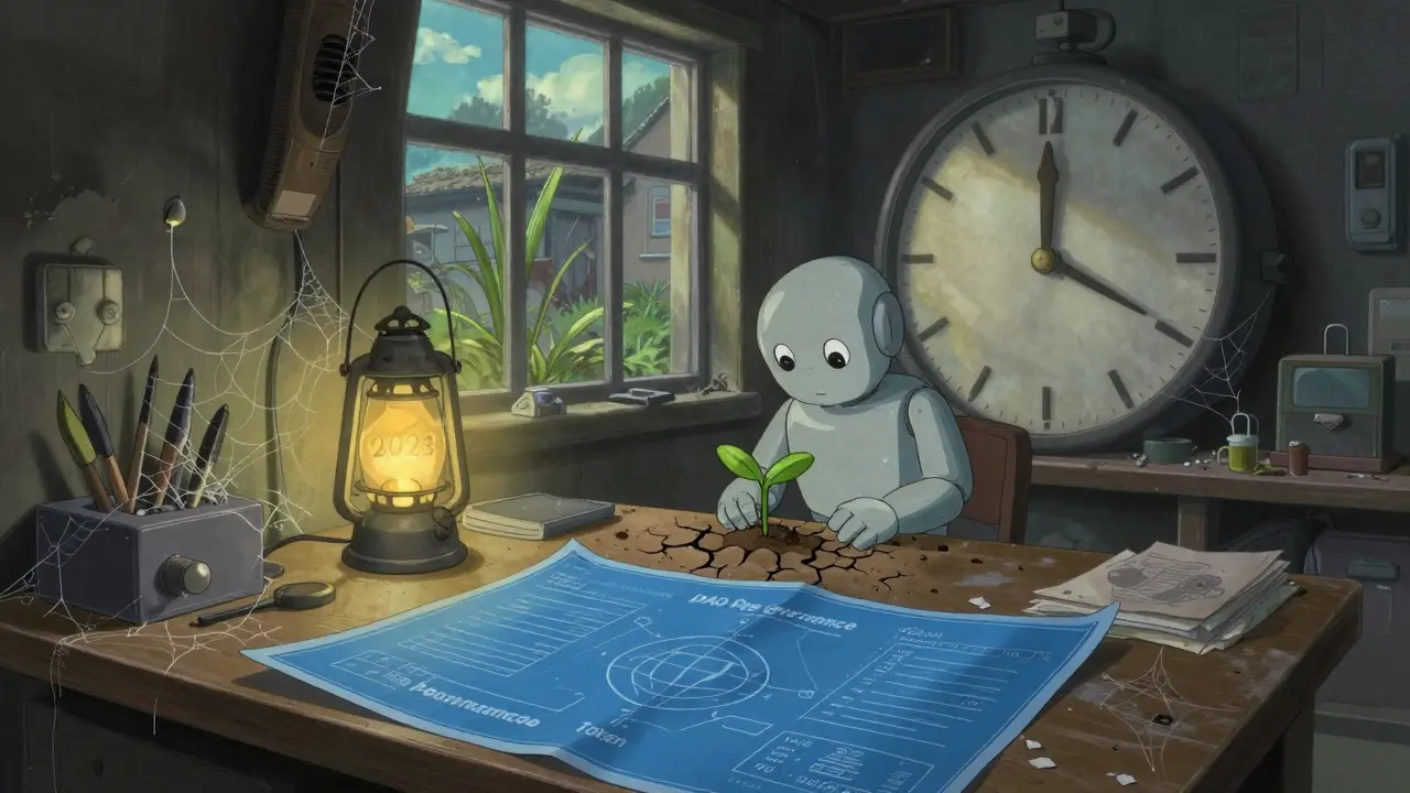 An abandoned workshop filled with outdated crypto blueprints, lit only by a single flickering lantern from 2023, while outside a robot tries to grow a dying token seed.