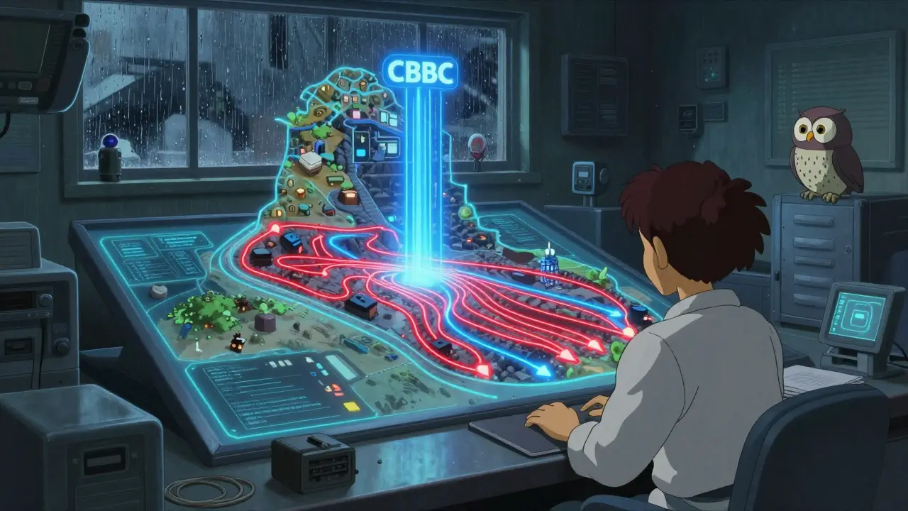 An engineer in a lab watching a holographic map of Iraq showing underground crypto flows and the new CBDC rising as blue light streams.