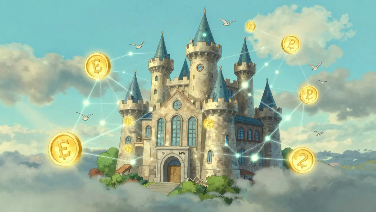 Castle-shaped SPV shielding building with floating tokens
