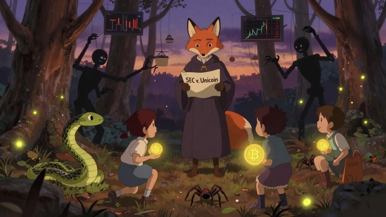 Children playing with crypto tokens that turn into creatures, while shadowy bots manipulate trading graphs.