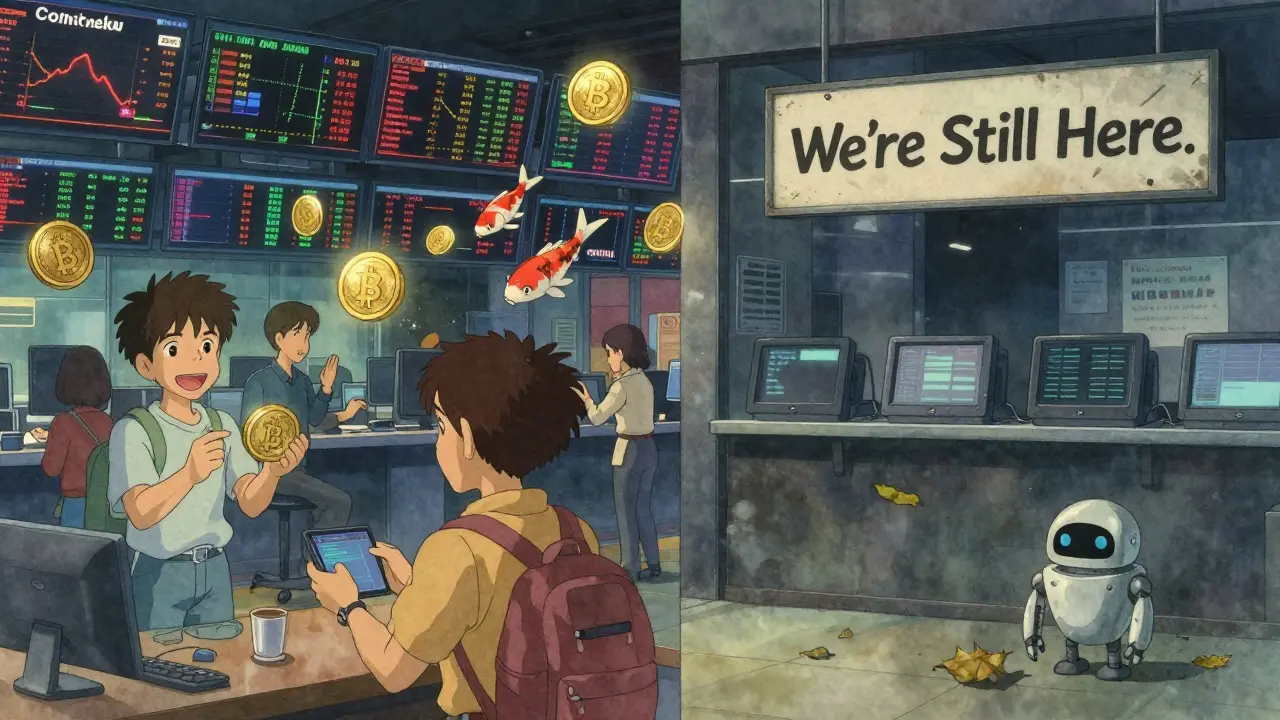 Contrast of lively active exchanges on one side and a desolate BITPoint Japan on the other.