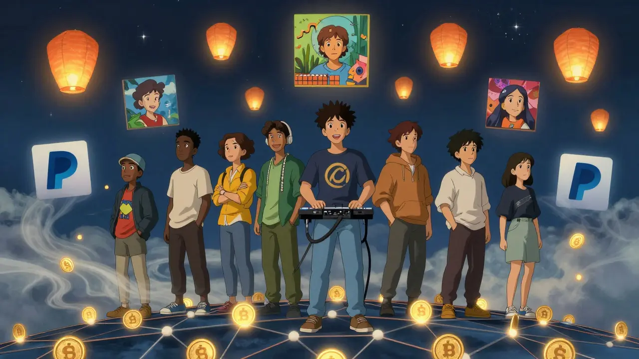 Creators from Nigeria, Brazil, and Indonesia stand on a blockchain bridge as their NFTs rise like lanterns into the sky.