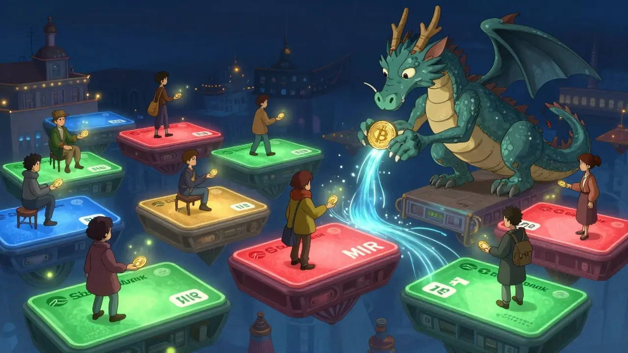 Floating bank cards and shimmering crypto coins form a magical marketplace in the sky, watched over by a gentle escrow dragon.