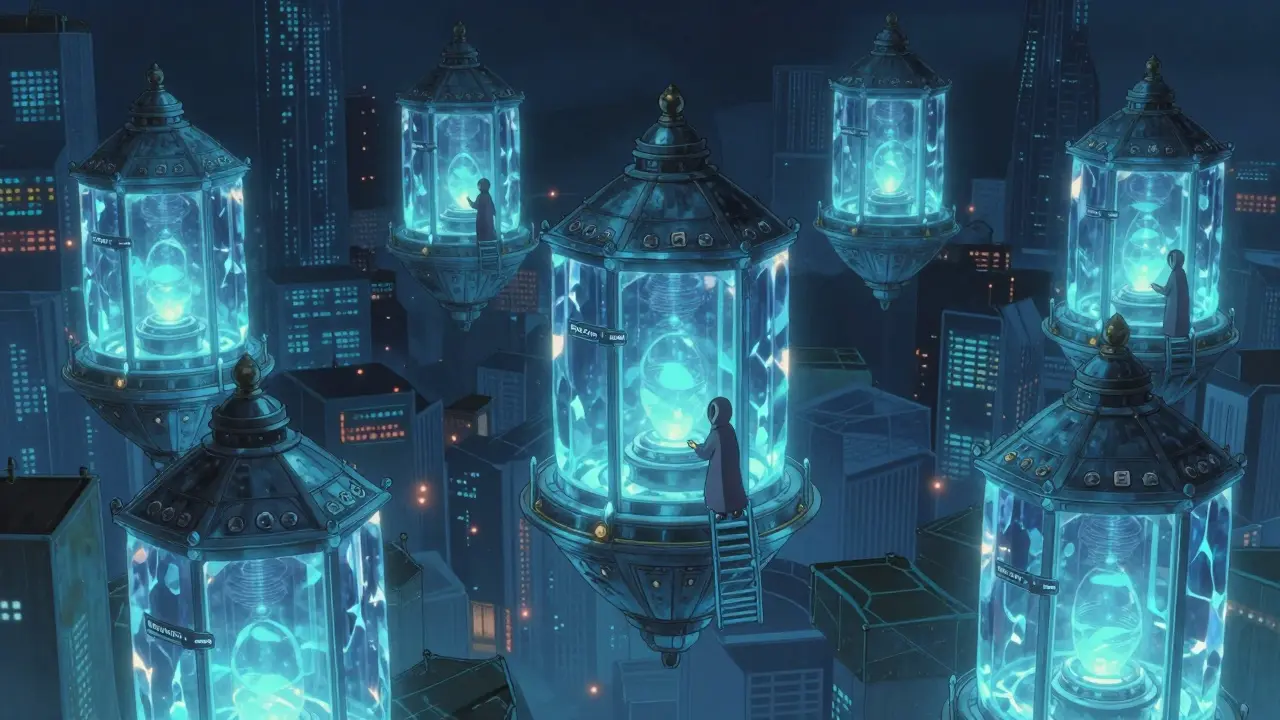 Floating data vaults with glowing TEE barriers drift above a digital city, tended by hooded figures in a serene landscape.