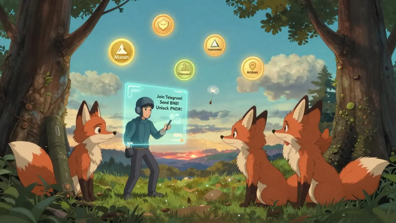 Fox-like spirits watch a scammer's hologram while real airdrop tokens from legitimate projects float peacefully in the sky above, carried by gentle winds.