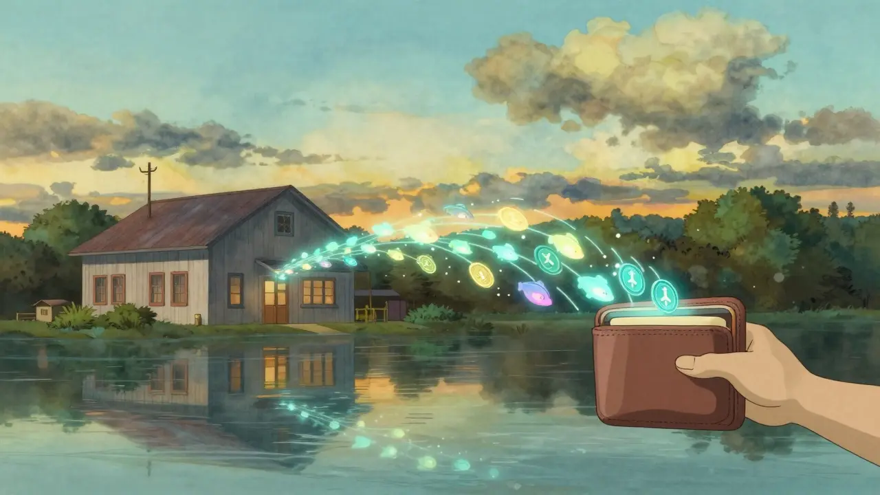 Glowing blockchain transactions connecting Texas building and wallet