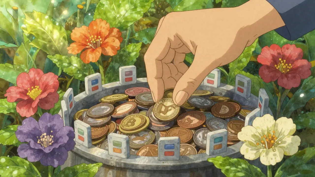 Hands placing coins into a pool surrounded by price-range flowers and sunlight