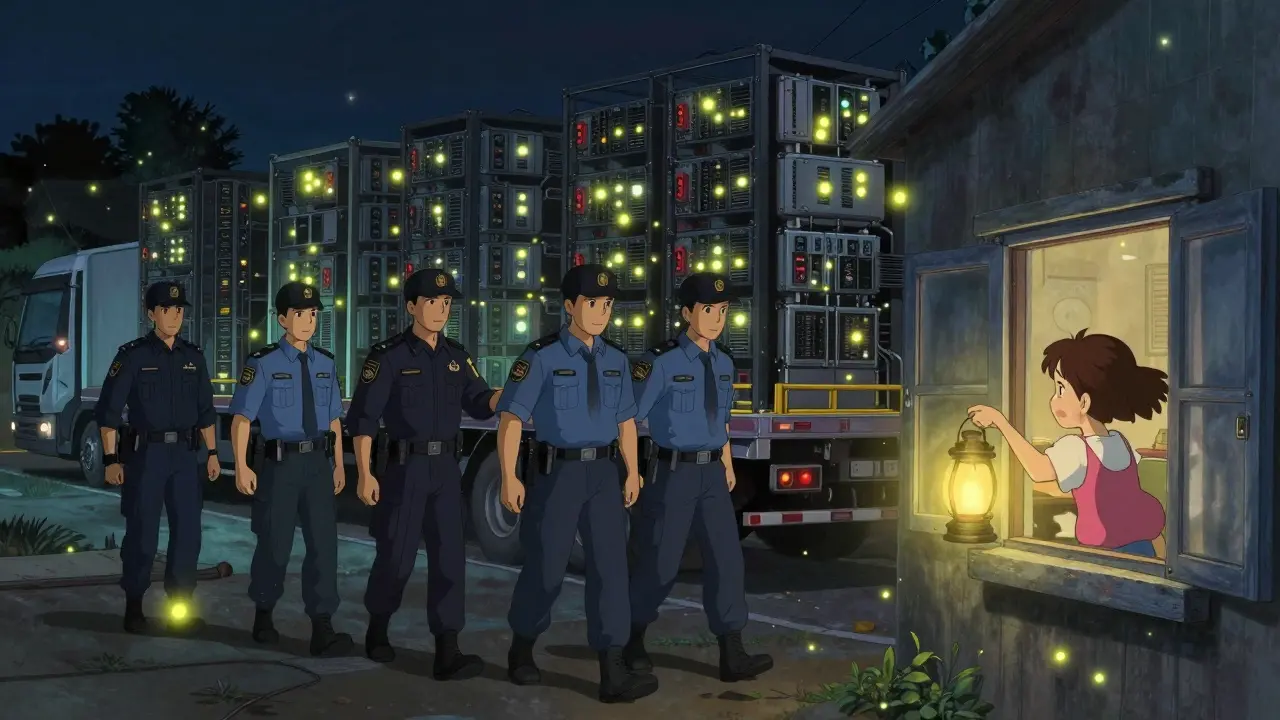 Interpol agents escort miners away as seized equipment is loaded, and electricity returns to a child's home.