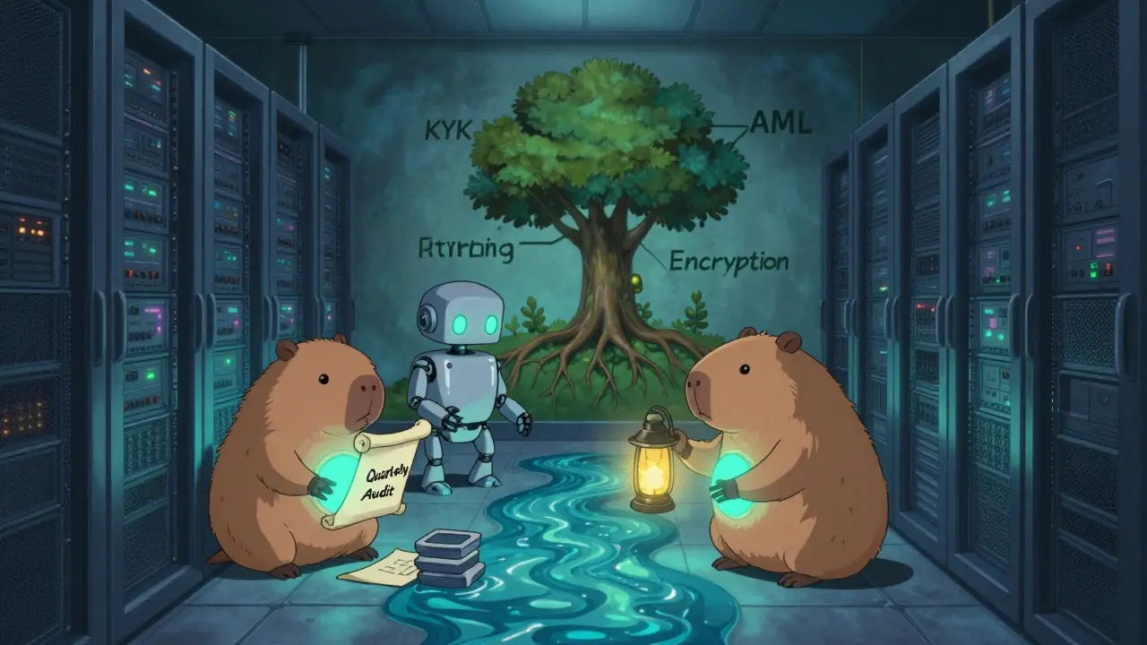 Robotic armadillos perform automated audits in a glowing server room beneath a tree symbolizing compliance pillars.
