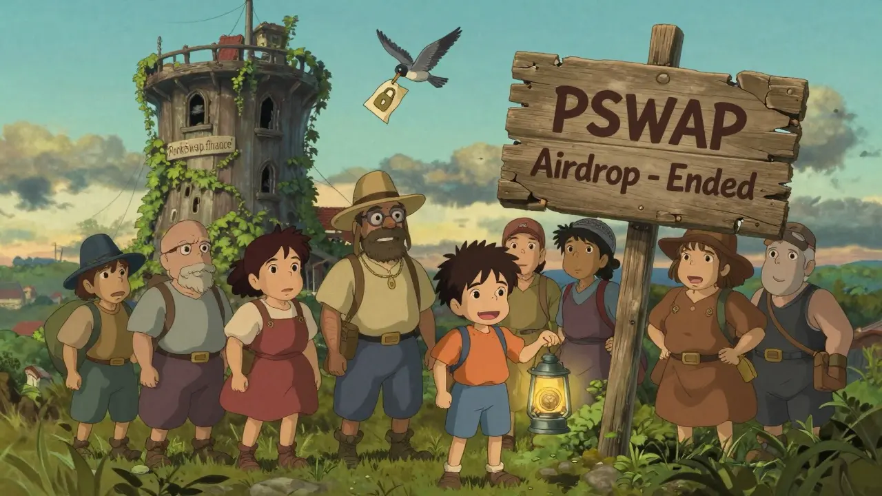 Villagers gather before a faded airdrop sign as an abandoned PorkSwap tower looms behind them, overgrown with nature.