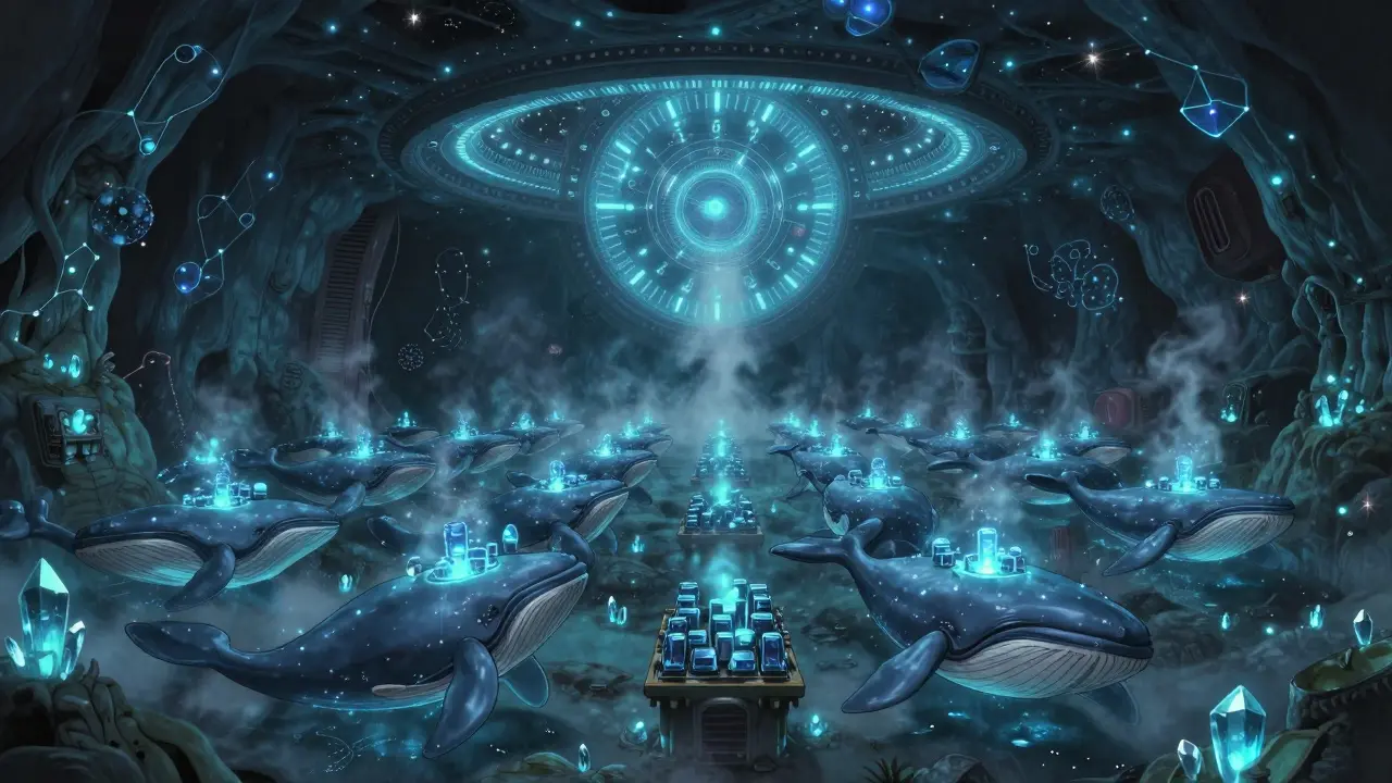 Whale-like ASIC miners gliding through a bioluminescent cavern with glowing blockchain constellations.