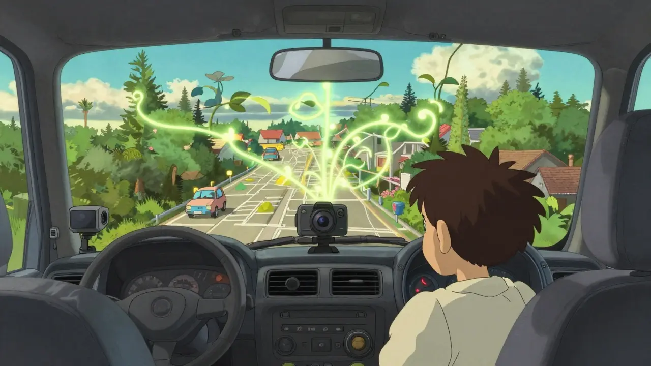 A car's camera projects a living map of streets and forests as it drives through a peaceful countryside.