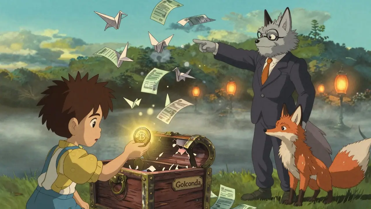 A child hesitates to deposit a coin into a hollow treasure chest labeled 'Golconda', as transaction cranes dissolve into smoke.