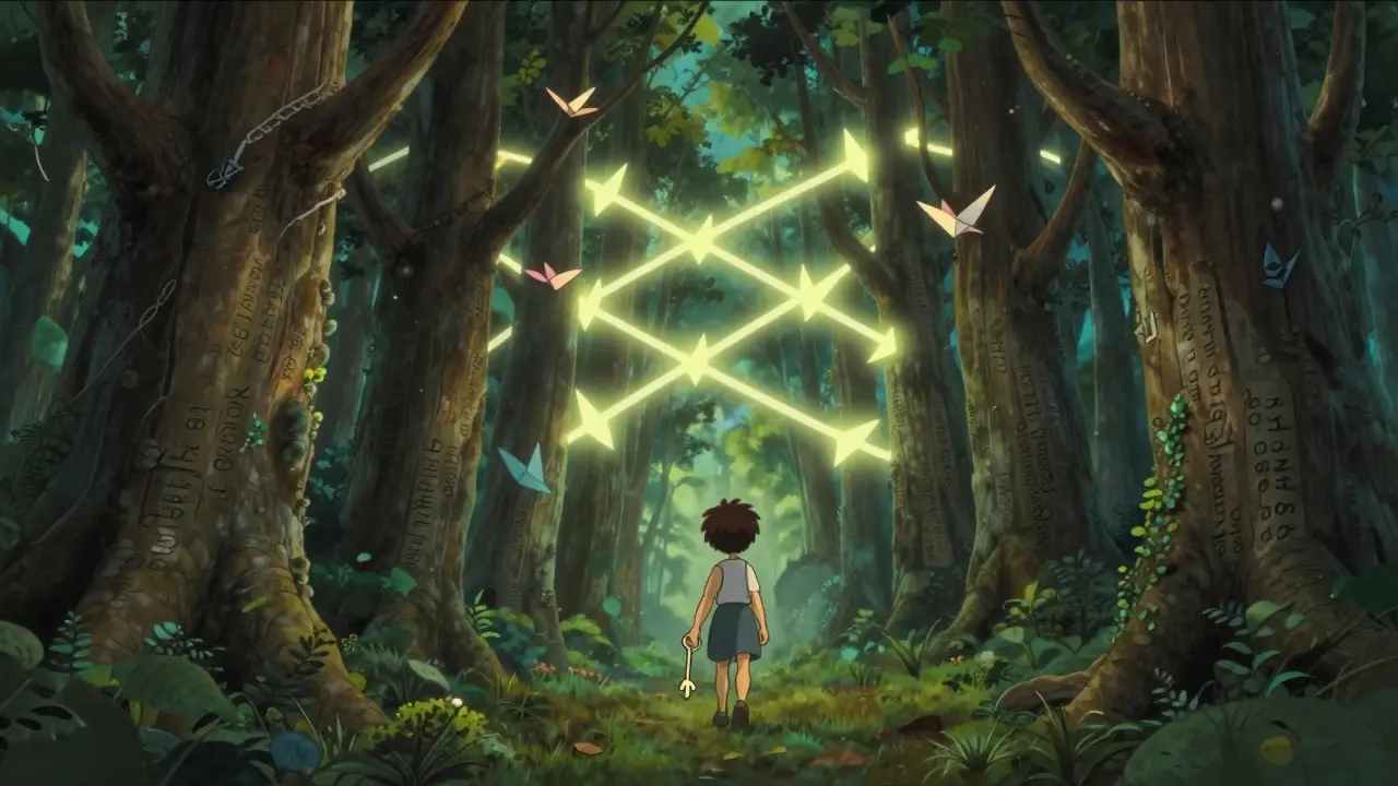 A child walks through a forest of signer trees, with paths forming a network of collective security.