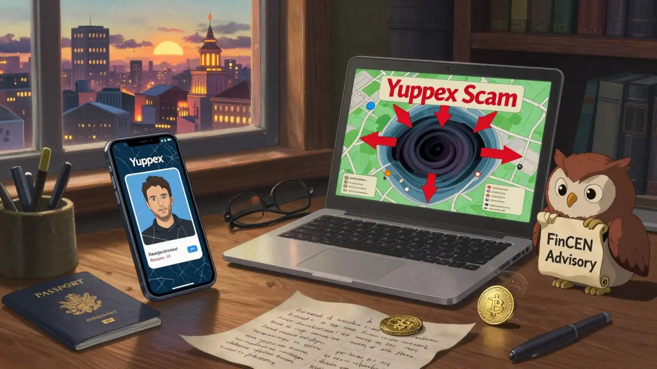 A desk with a scammer's phone and stolen ID, a crypto coin turning to dust, as a wise owl watches over dawn breaking over real exchanges.