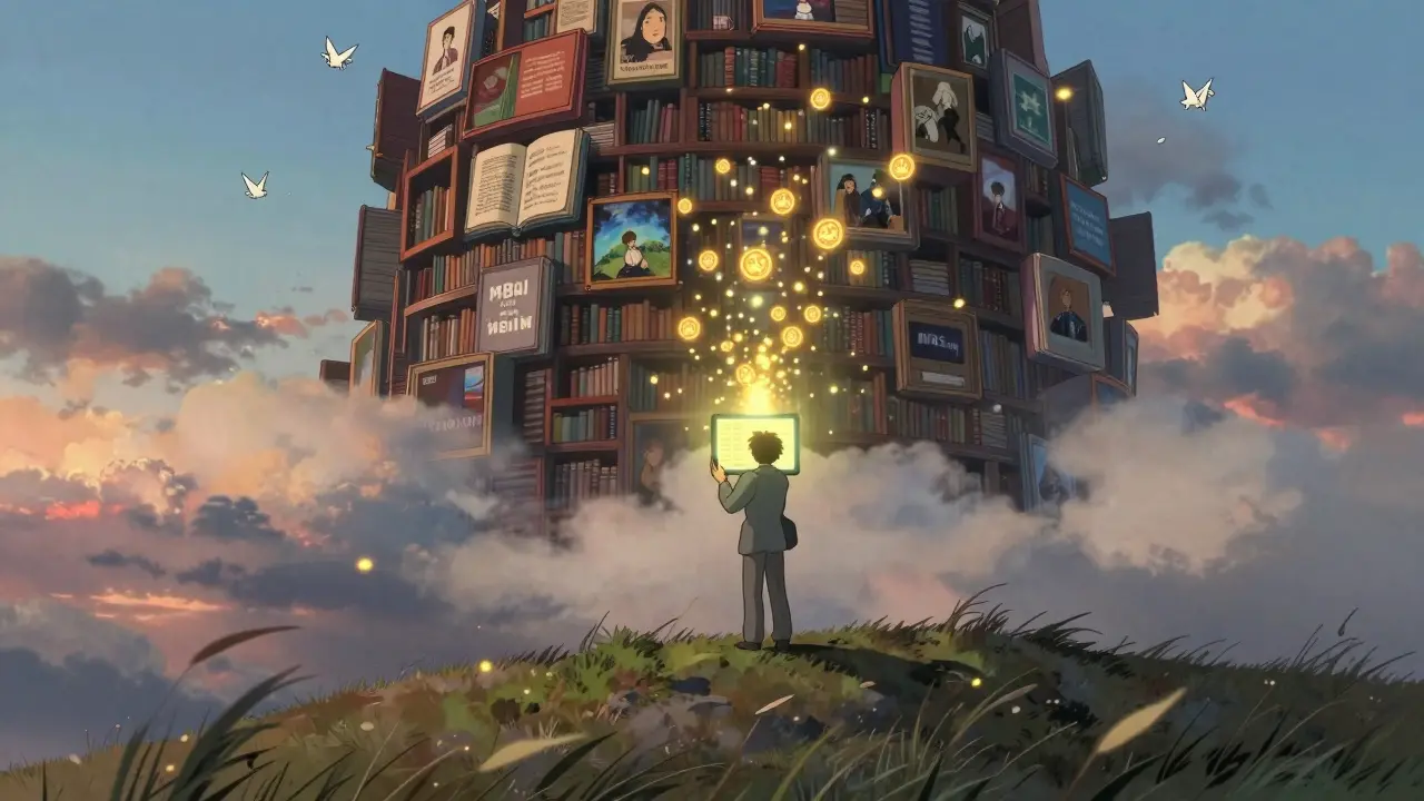 A filmmaker watches golden MBL tokens flow from viewers worldwide, surrounded by a library of floating films.