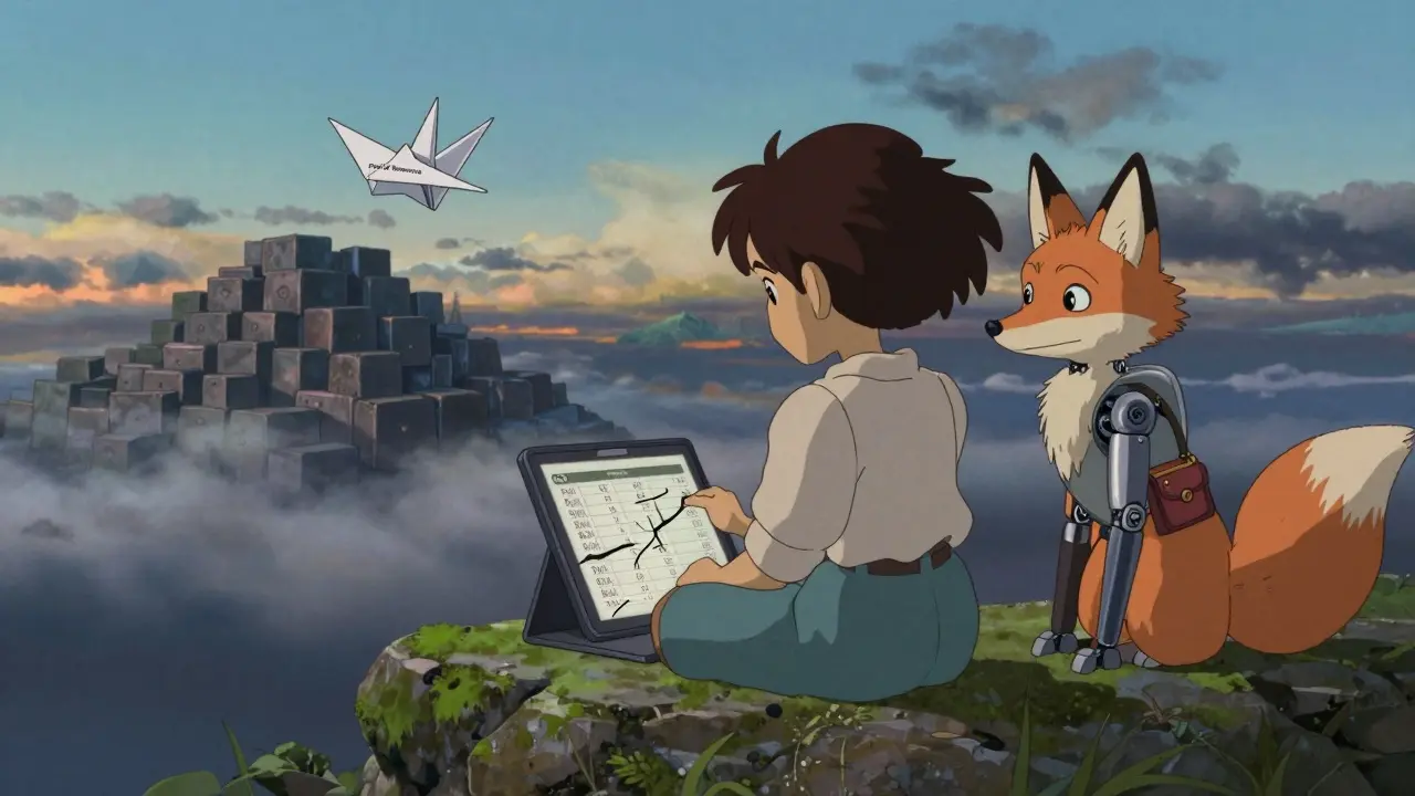 A girl on a stone bench staring at a cracked tablet, a robotic fox watching silently as a paper crane labeled 'Proof of Reserves' drifts away.