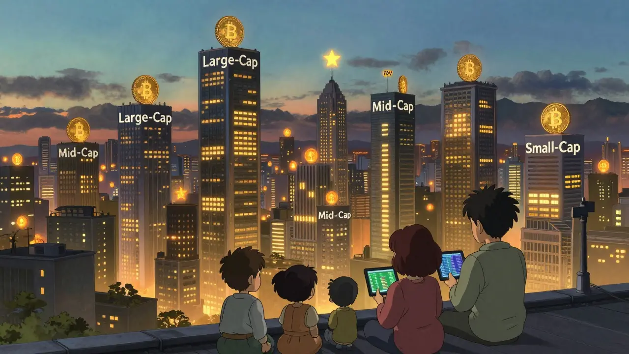 A glowing crypto city at dusk with coin-shaped towers representing different market cap categories.