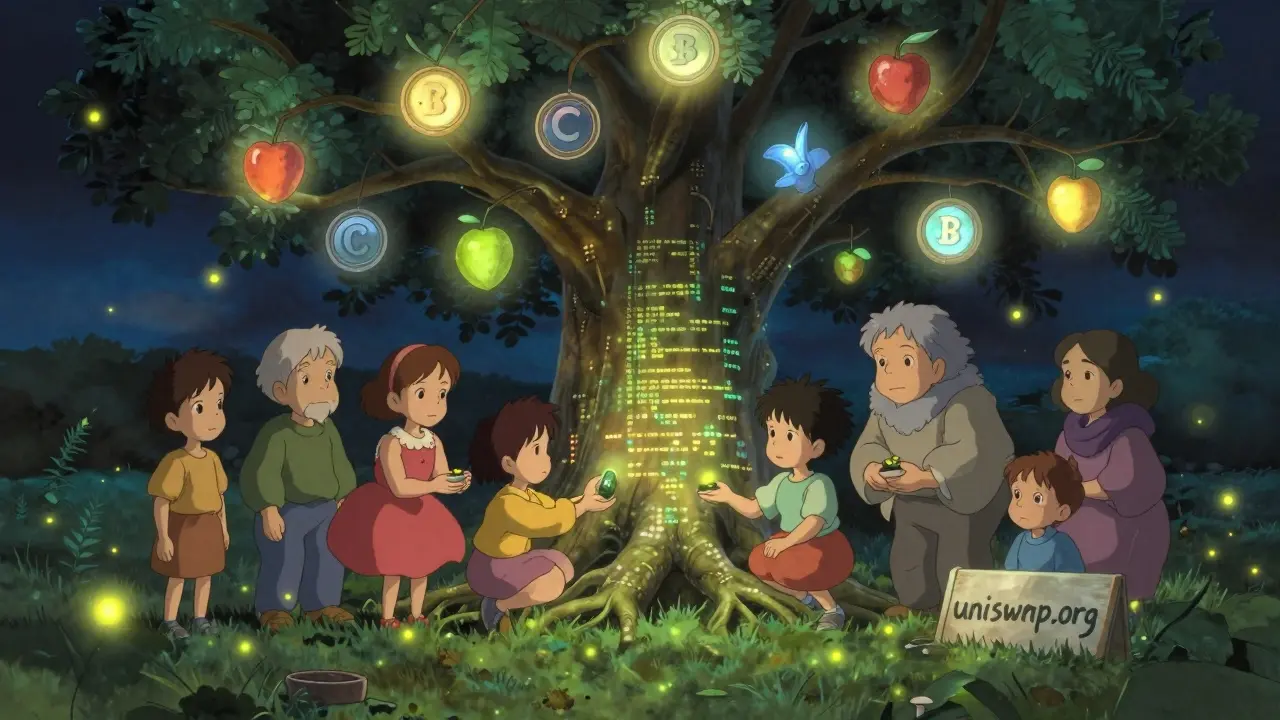 A glowing tree with crypto token fruits under a starry sky, as gentle spirits peacefully swap them near a soft 'uniswap.org' sign.