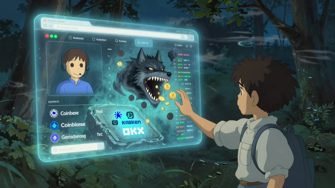 A person reaching toward a ghostly fake crypto website as their coins vanish into a dark vortex, while real exchanges glow warmly nearby.