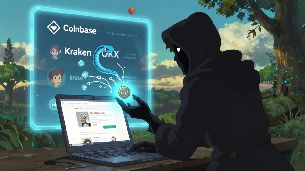 A shadowy figure tempted by a phishing KBX token, while safe exchanges glow warmly in the distance.