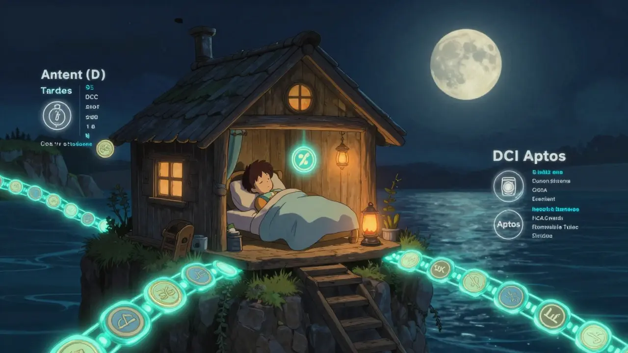 A sleeping person's xCETUS token glows gently above their bed as automated trades unfold outside at night.