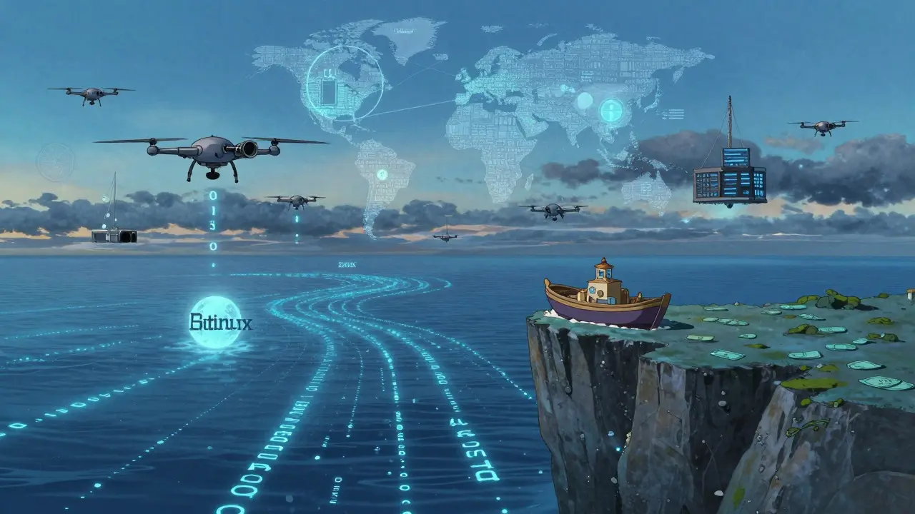 A tiny boat sails near a cliff above frozen crypto funds, under a sky filled with global surveillance drones.