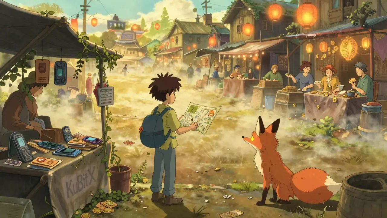 A traveler at an overgrown marketplace of abandoned KuBitX stalls, guided by a fox spirit toward glowing trading hubs.