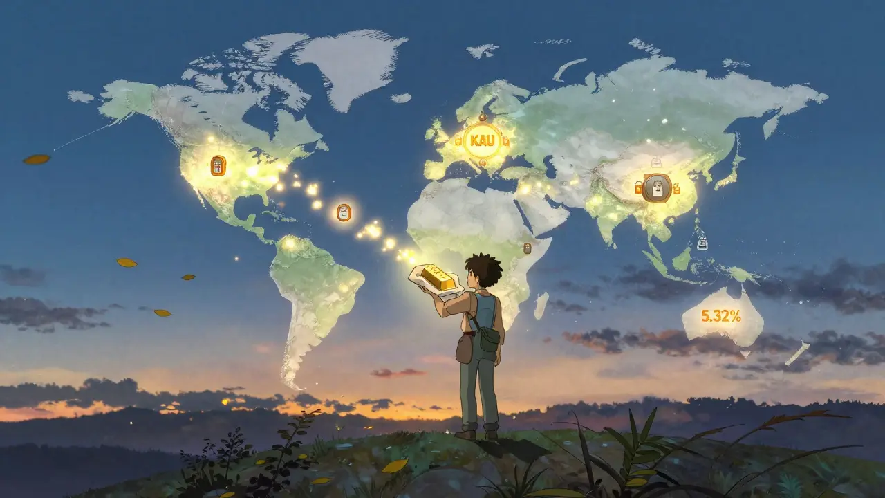 A traveler holds a gold bar at dusk as KAU tokens flow like fireflies across a glowing world map, leaves shaped like yield percentages drift in the wind.