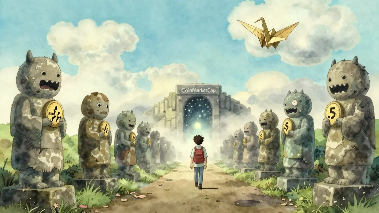 A traveler walks past crumbling monster statues holding cracked ELMON tokens, as a blockchain crane flies away.