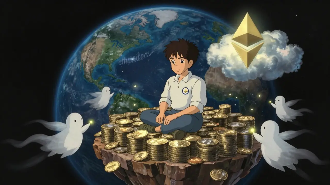 A validator on a floating platform of ETH coins, with wind spirits carrying light particles and Earth dimmed below.