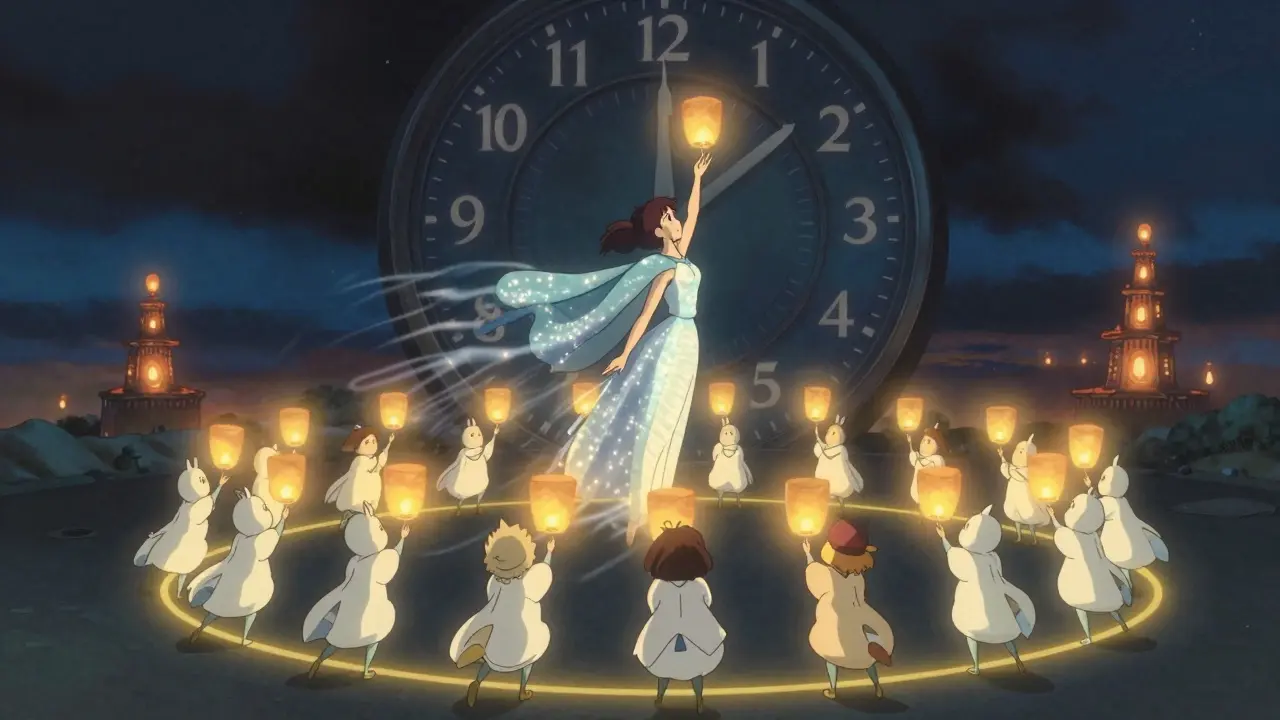 A validator proposing a block as 128 spirit-like validators vote with lanterns under a ticking 12-second clock.