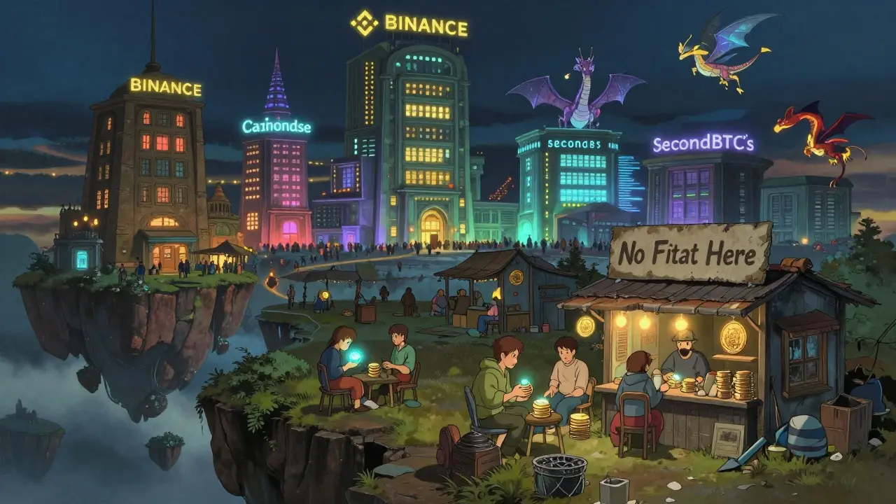 A vast floating marketplace where grand exchanges shine brightly while a small, dim booth labeled SecondBTC sits abandoned at the edge.