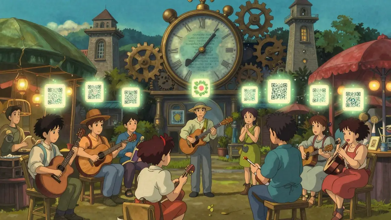 A vibrant marketplace where smart contracts bloom like flowers above people interacting directly.