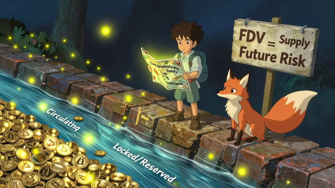 A young explorer on a blockchain bridge guided by a fox spirit, comparing circulating and locked coins.
