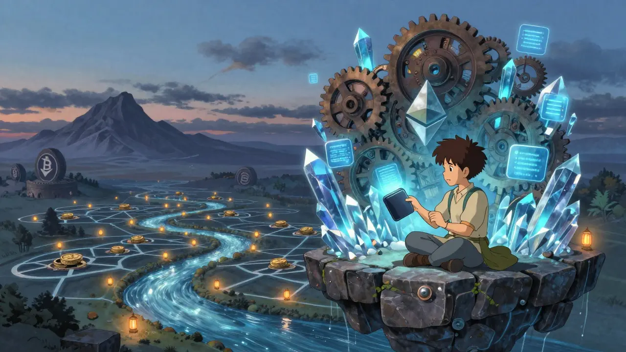 A young trader connects a wallet to a glowing blockchain machine above crystalline Ethereum networks, with layered networks below.