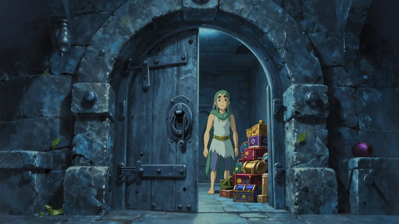 Ancient stone vault door guarded by protective spirit.