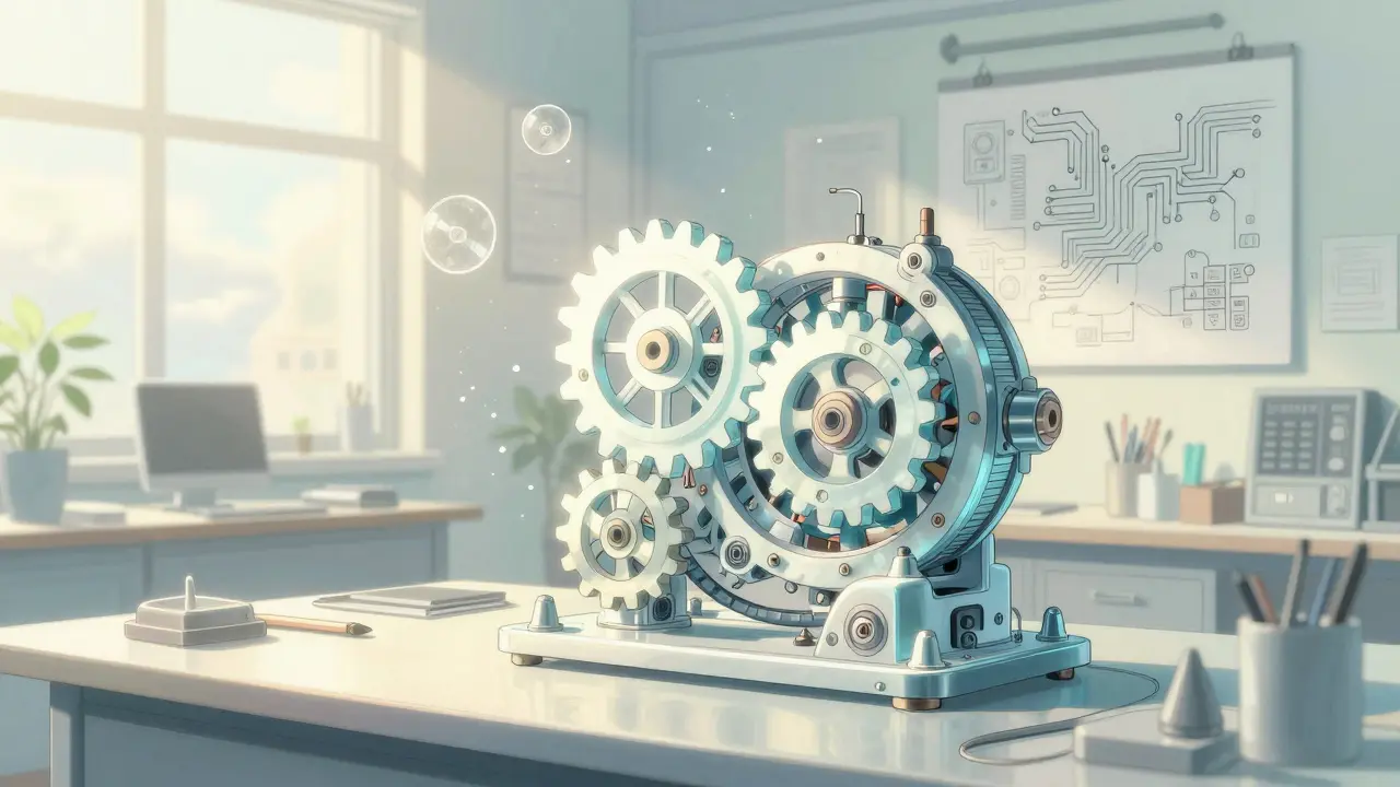 Designer arranging light gears to show code efficiency and optimization.