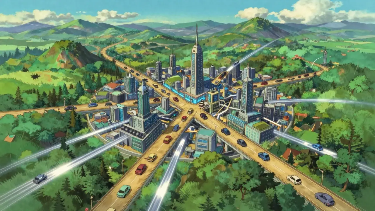 Digital city with congested golden roads and fast silver trails overhead.
