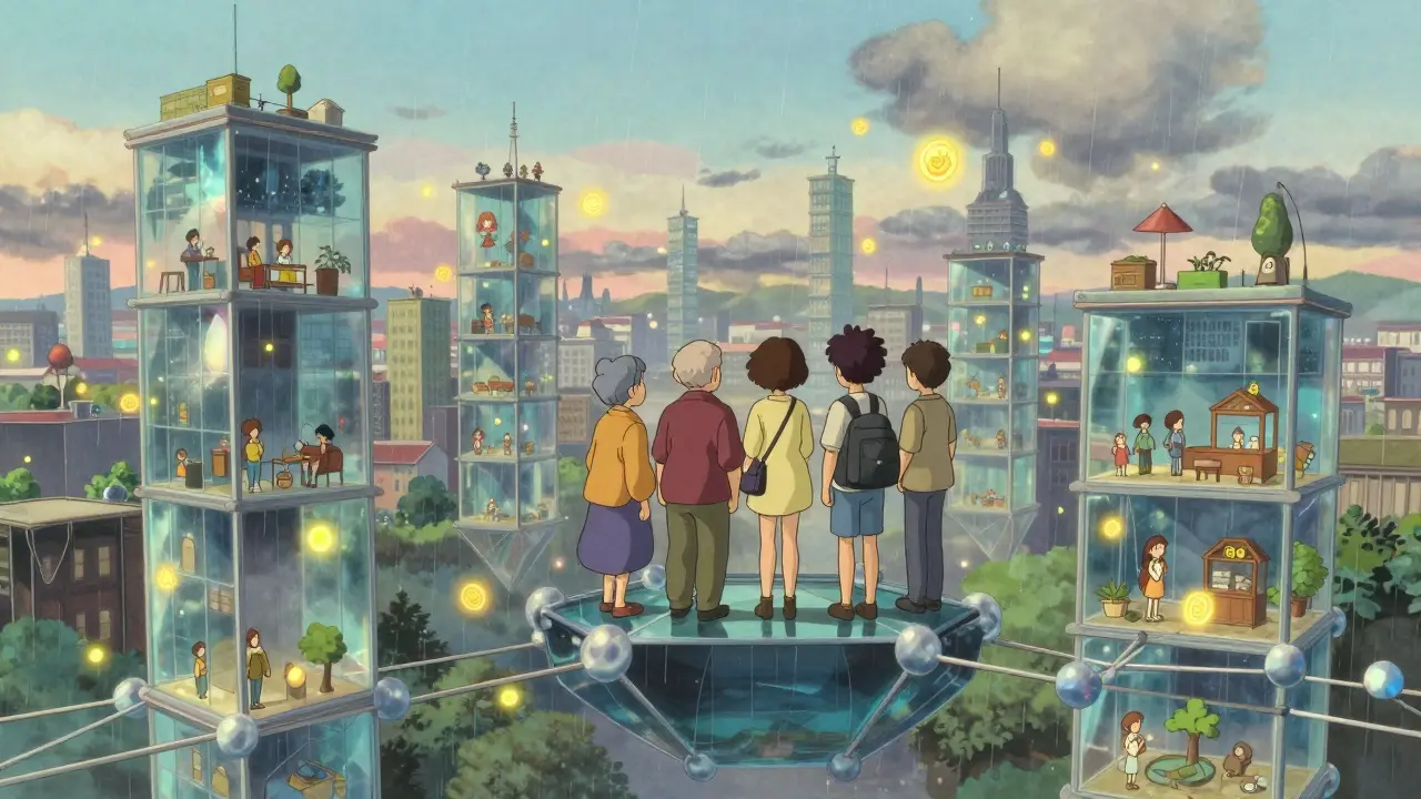 Diverse investors stand on a blockchain bridge above a city where buildings glow with token-powered life.