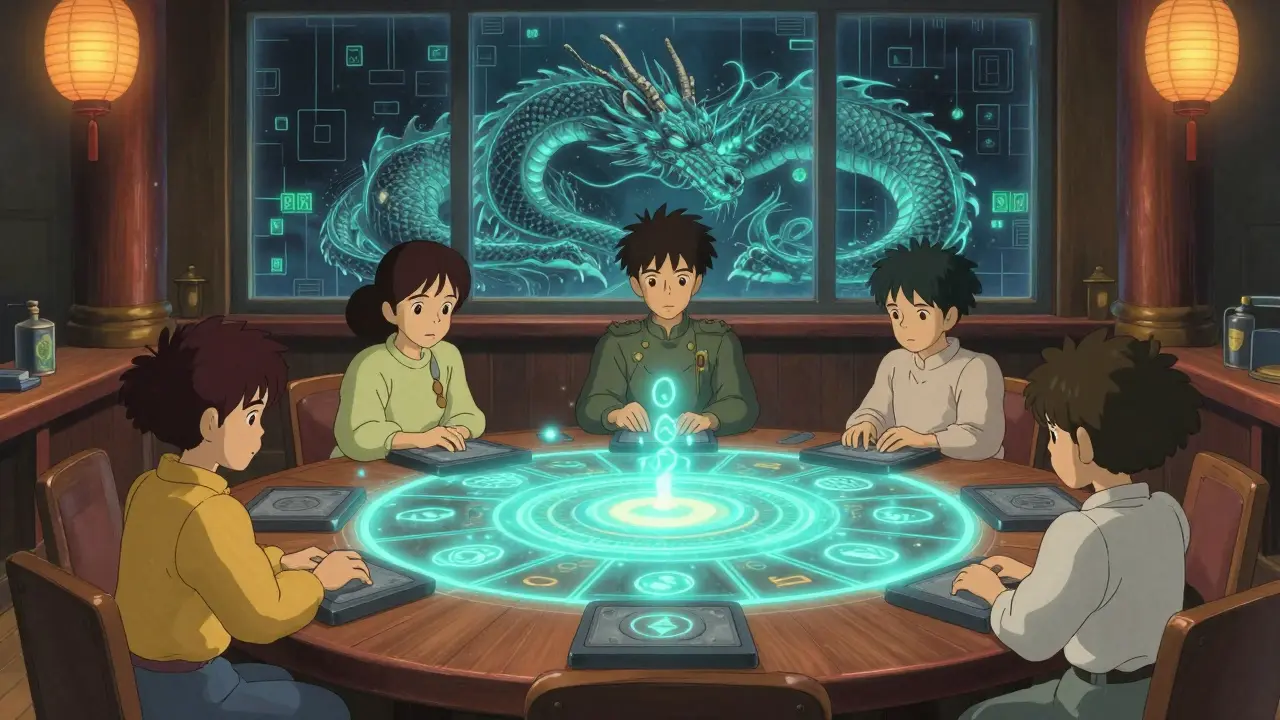 Five members approve a transaction with glowing sigils in a peaceful DAO chamber under paper lanterns.