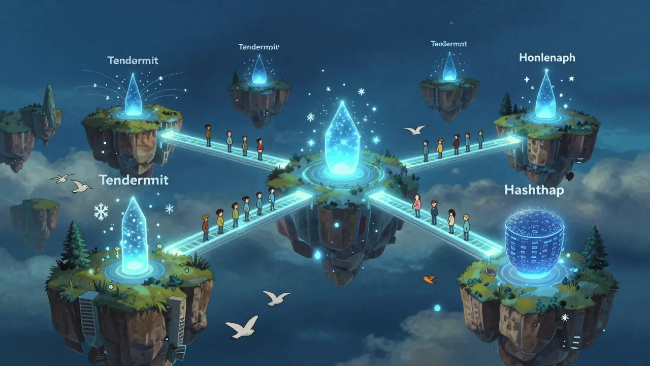 Floating islands connected by glowing bridges, with delegates, snowflakes, and birds symbolizing hybrid consensus systems.