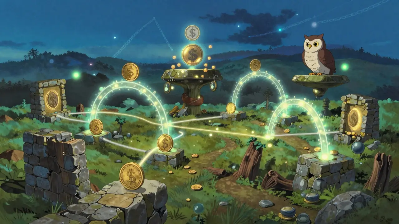 Floating islands linked by light bridges showing a secure digital payment network pathway.